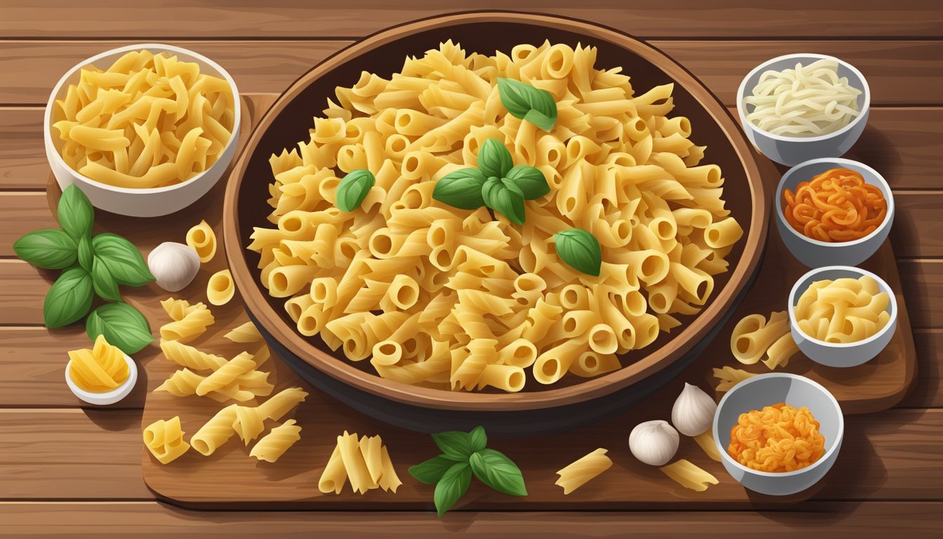 A bowl of elbow macaroni pasta surrounded by various pasta substitutes like penne, rigatoni, and fusilli on a wooden cutting board