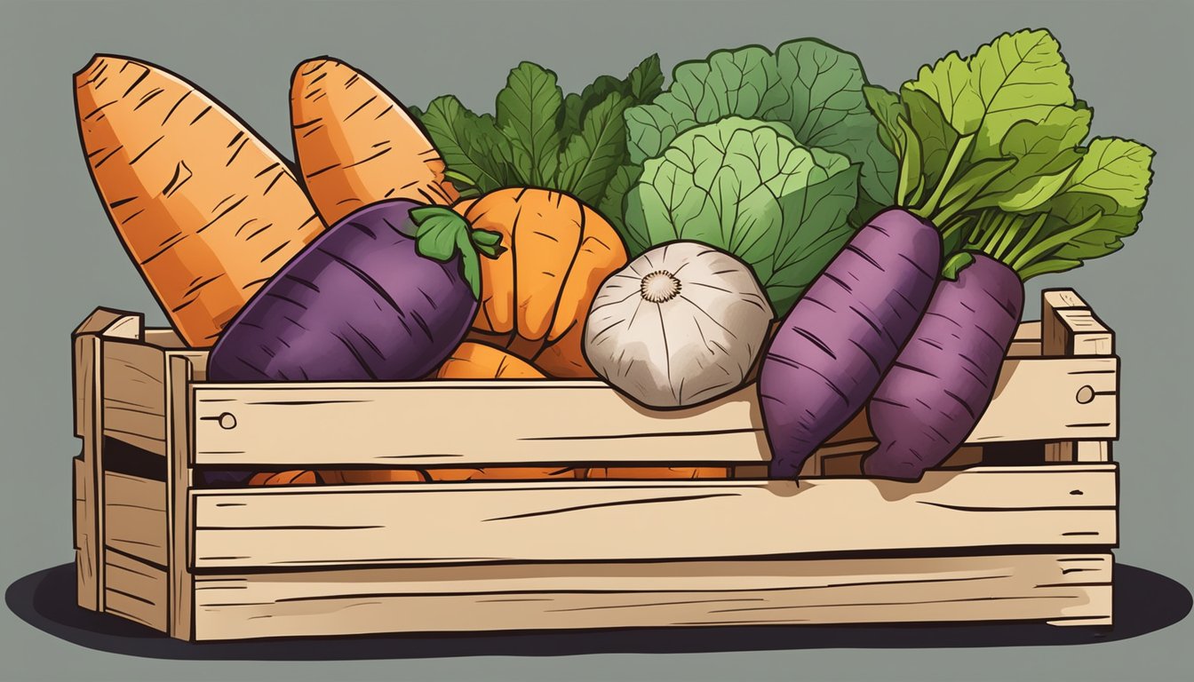 A colorful array of alternative vegetables, including taro root, cassava, and sweet potatoes, arranged in a rustic wooden crate