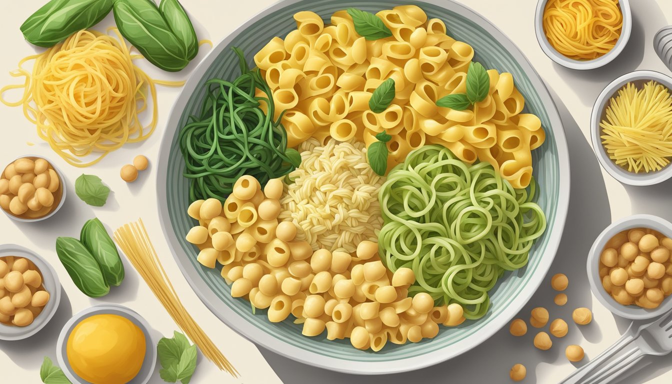 A bowl of elbow macaroni surrounded by various pasta substitutes like zucchini noodles, spaghetti squash, and penne made from chickpeas