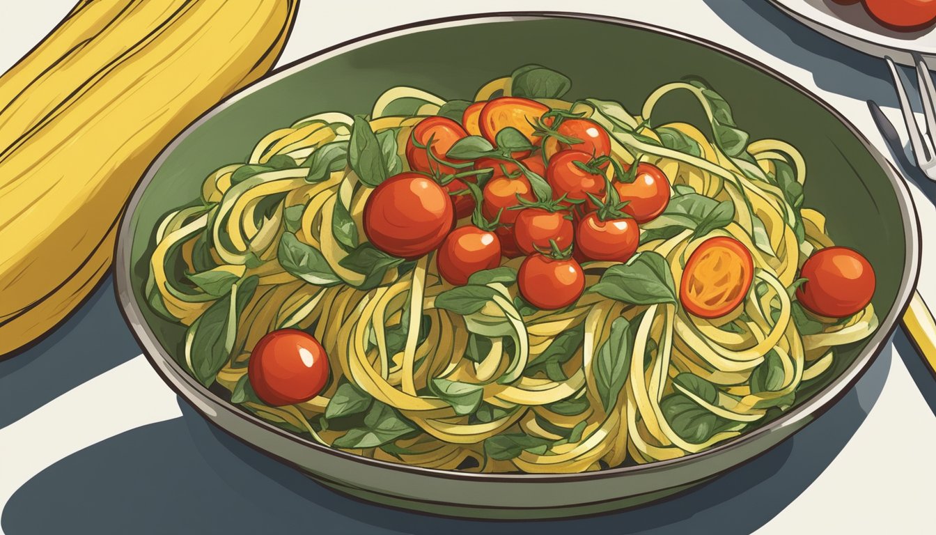 A bowl of zucchini noodles tossed in marinara sauce beside a plate of spaghetti squash strands. Spinach leaves and cherry tomatoes garnish the dishes