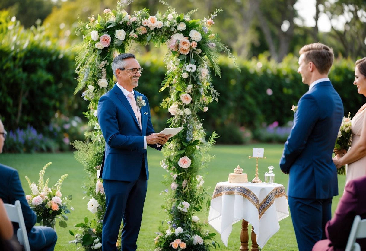 A celebrant stands at an outdoor ceremony, surrounded by flowers and greenery. A small table is set up with a decorative cloth and a few symbolic items