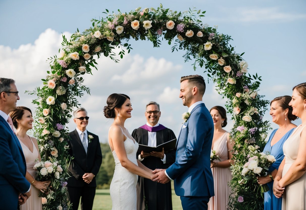A couple stands under a flower-covered arch, surrounded by friends and family. A celebrant officiates the non-religious ceremony
