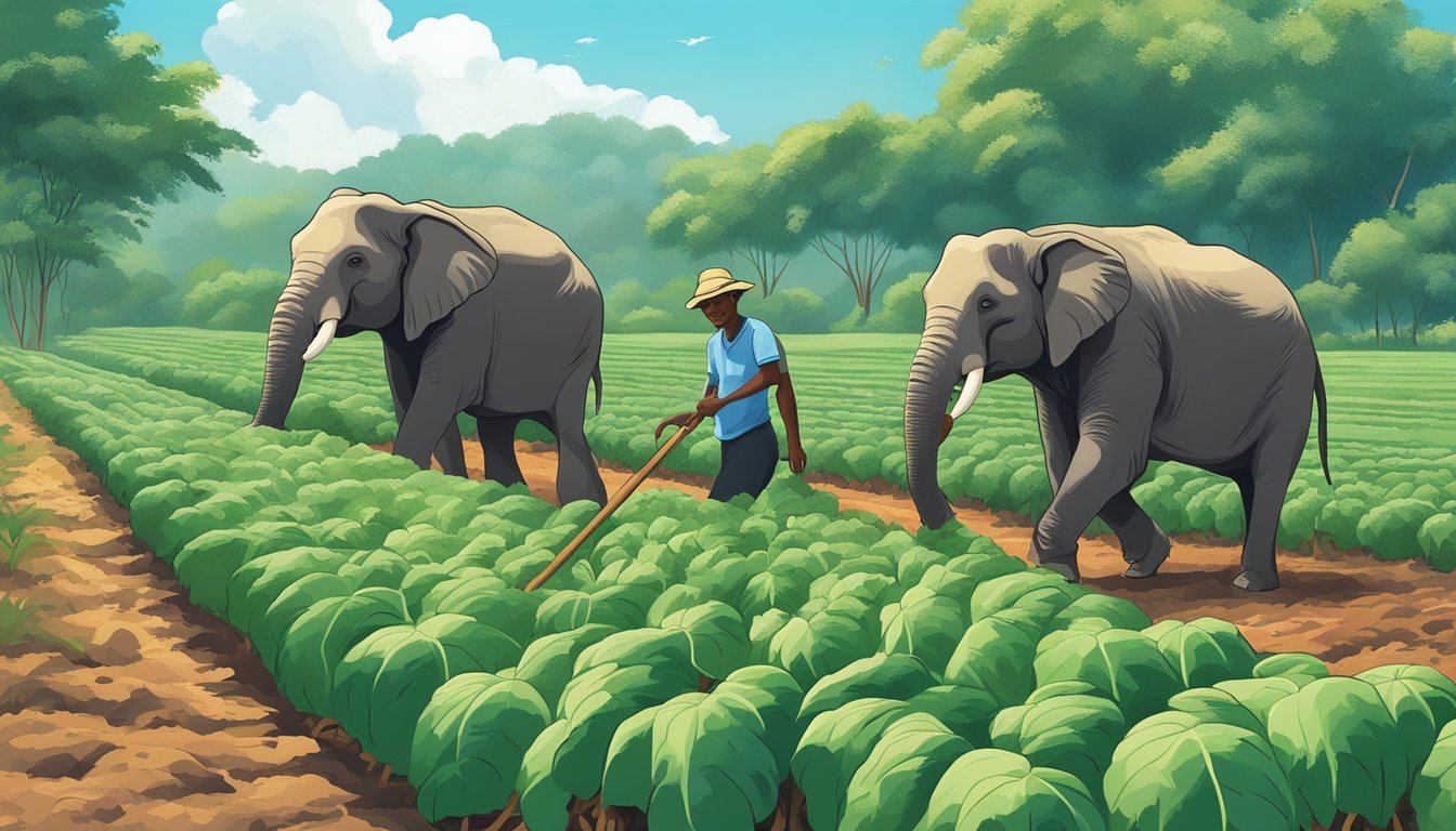 A farmer harvesting a bountiful field of elephant foot yams, surrounded by lush greenery and a clear blue sky