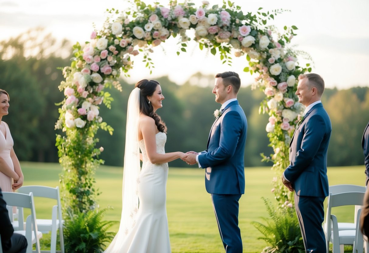 A couple standing beneath a floral arch in a serene outdoor setting, exchanging vows in a non-religious wedding ceremony
