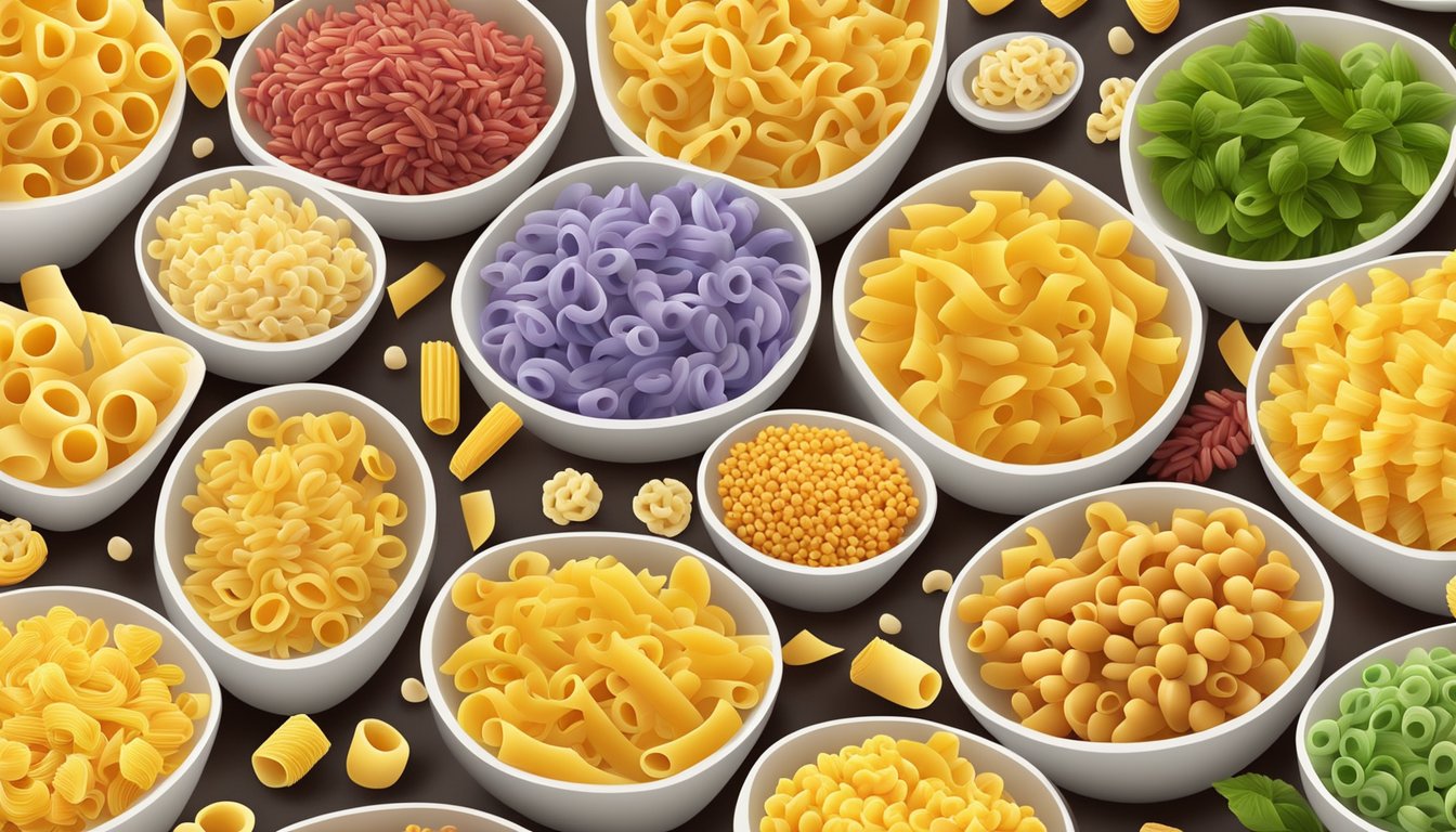 A variety of alternative forms and grains of elbow macaroni pasta arranged in a colorful and appealing display