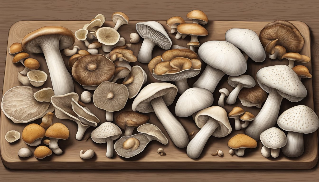 A variety of mushrooms arranged on a cutting board, including oyster, shiitake, and beech mushrooms