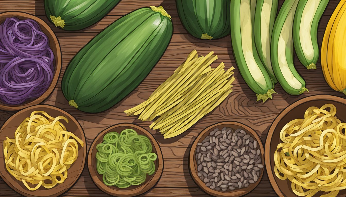 A colorful array of spiralized zucchini, spaghetti squash, and penne-shaped lentil pasta arranged on a wooden cutting board