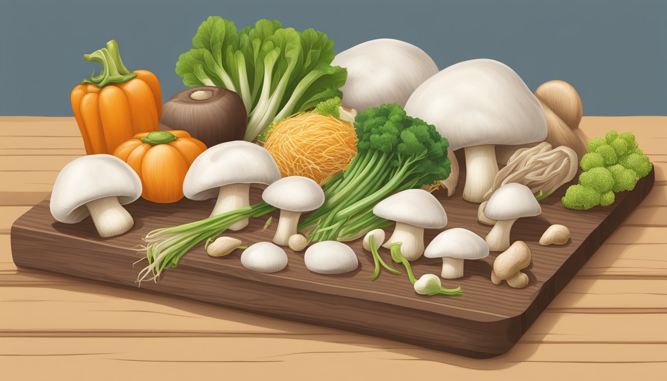 A variety of vegetables, such as oyster mushrooms, shiitake mushrooms, and bean sprouts, arranged on a wooden cutting board