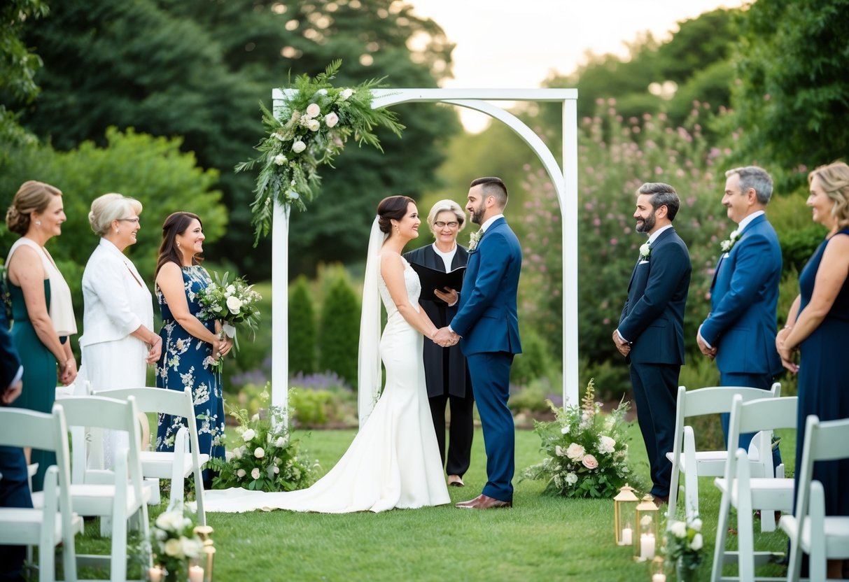 A couple stands under a simple archway in a garden, surrounded by family and friends. The officiant leads a non-religious ceremony, with nature-inspired décor and a focus on love and commitment