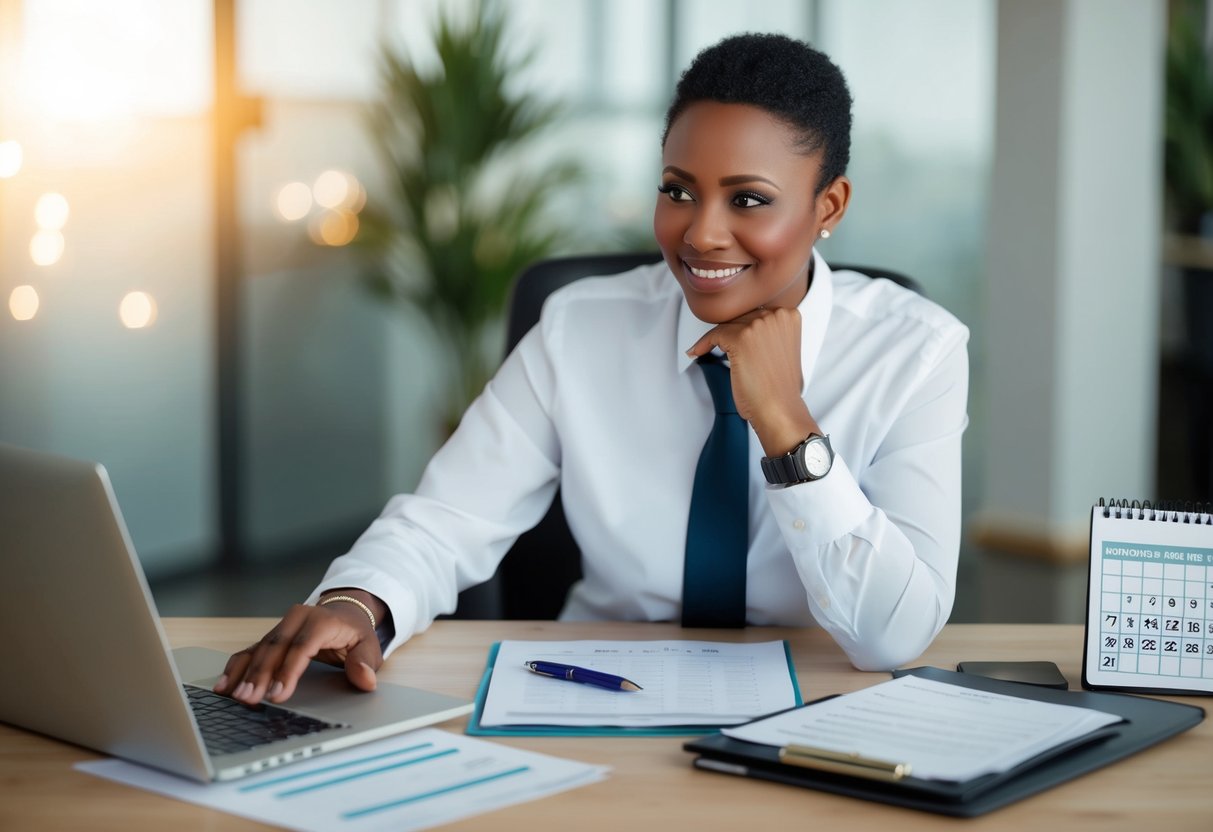 A celebrant sitting at a desk with a laptop and pen, surrounded by paperwork and a calendar, with a thoughtful expression as they calculate costs