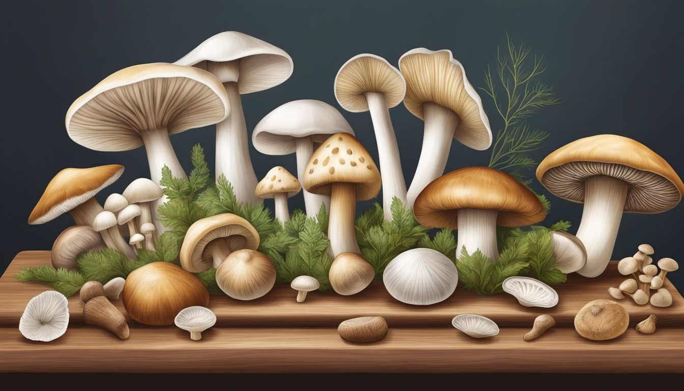 A variety of mushrooms arranged on a wooden cutting board, including enoki mushrooms, shiitake, oyster, and portobello