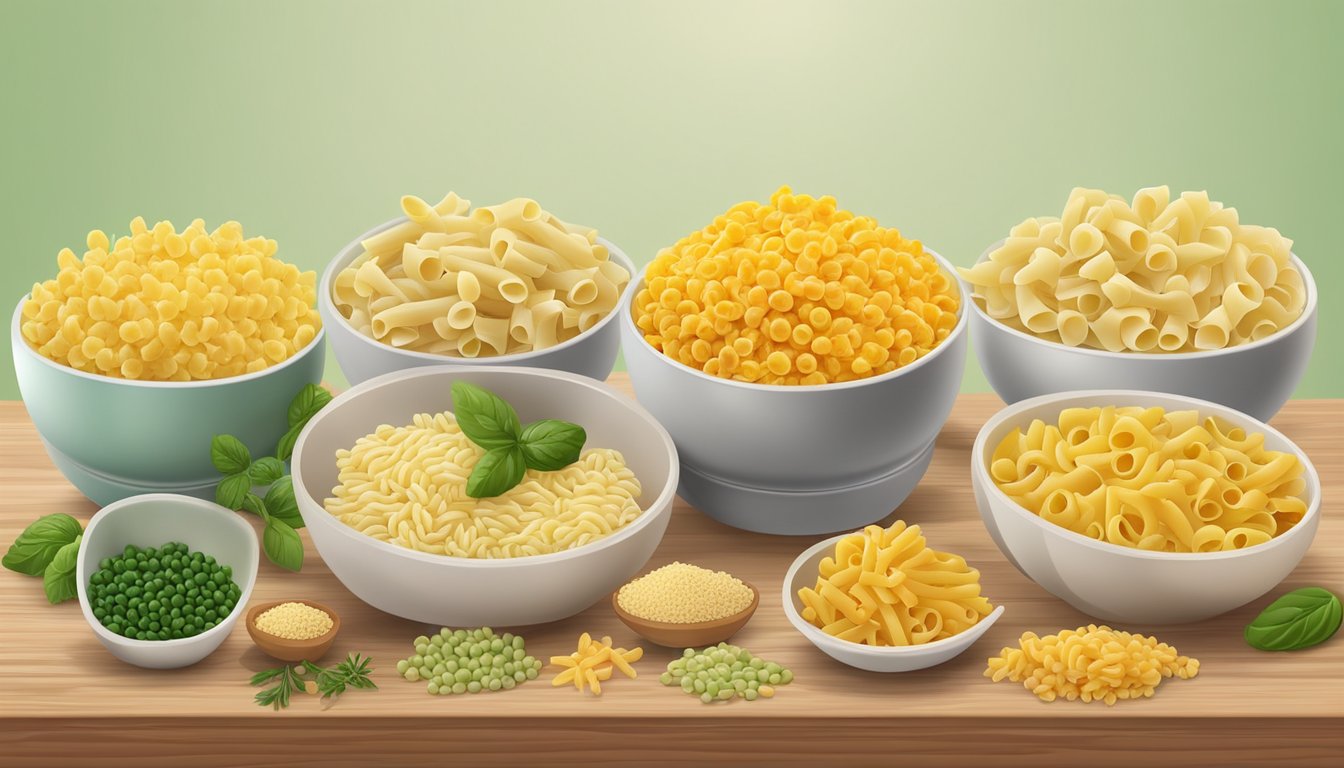 A variety of alternative ingredients for elbow macaroni pasta, including gluten-free and vegetable-based options, displayed on a wooden table