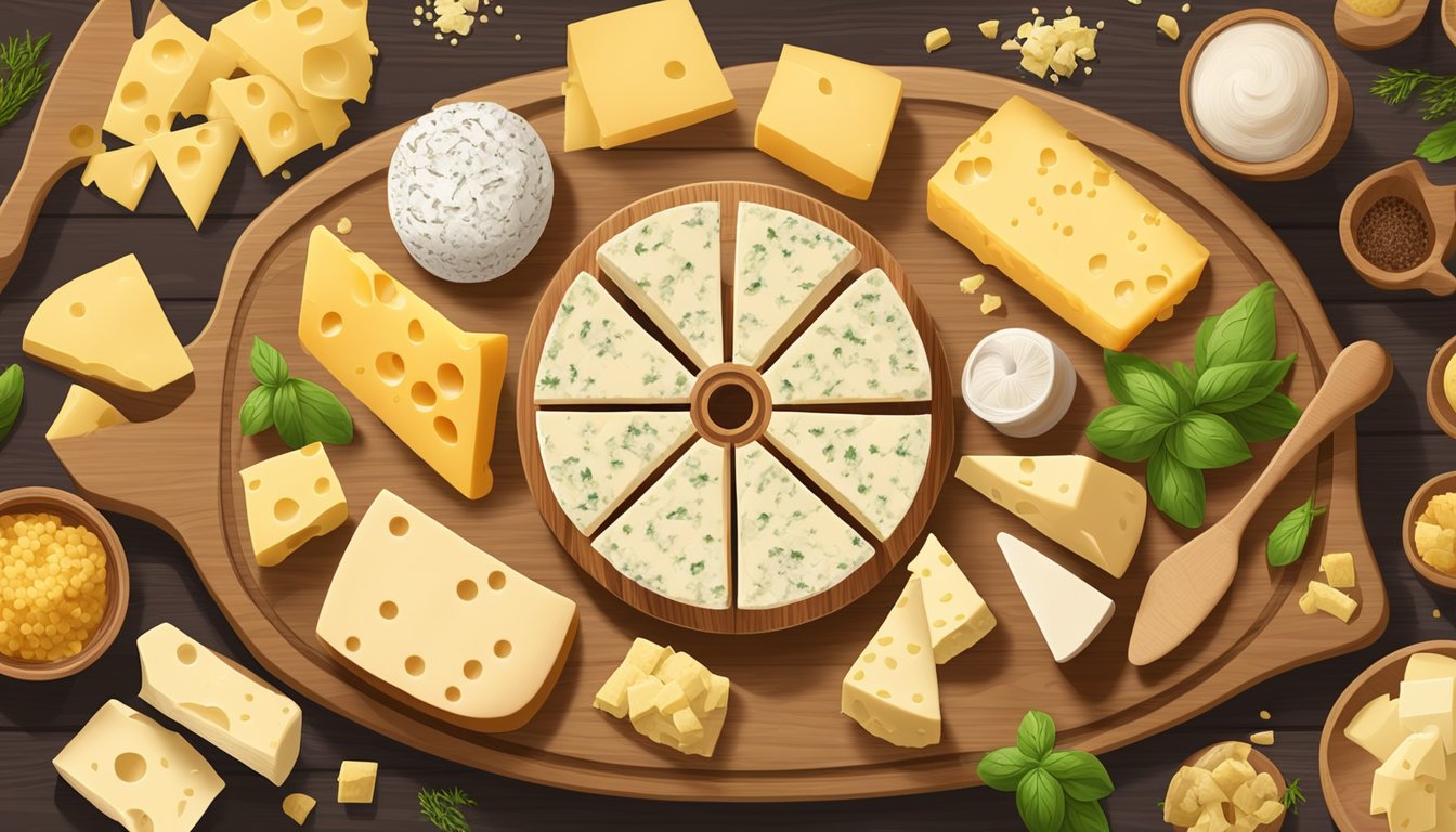 A wheel of Emmental cheese surrounded by various cheese substitutes on a wooden cutting board