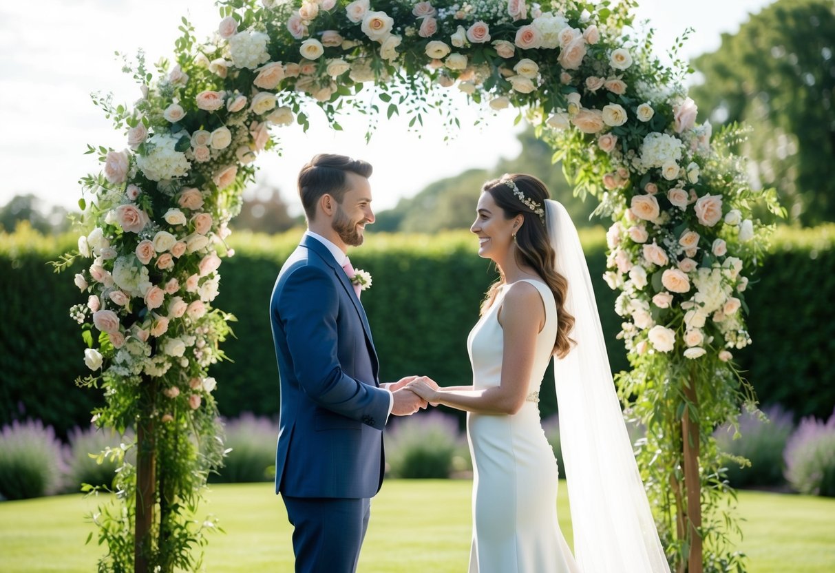 A couple standing beneath a floral arch exchanging vows in a garden setting