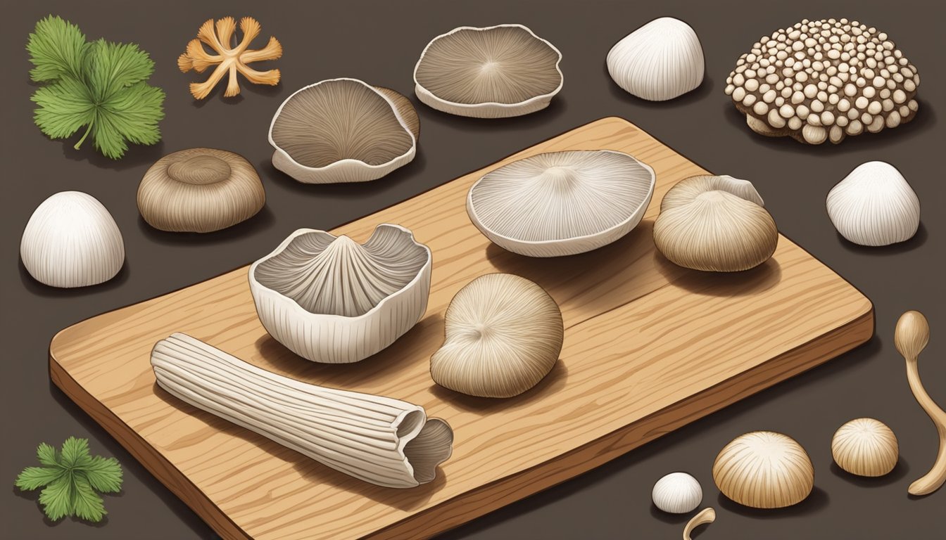 A chef comparing enoki mushrooms to various substitutes, such as shiitake, oyster, and beech mushrooms, laid out on a wooden cutting board