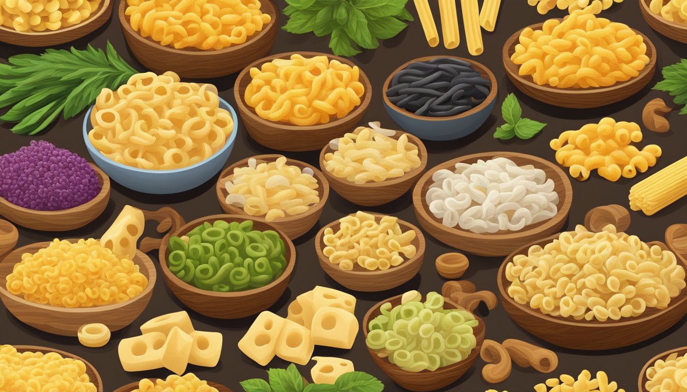 A variety of textured and flavored elbow macaroni substitutes displayed on a wooden cutting board