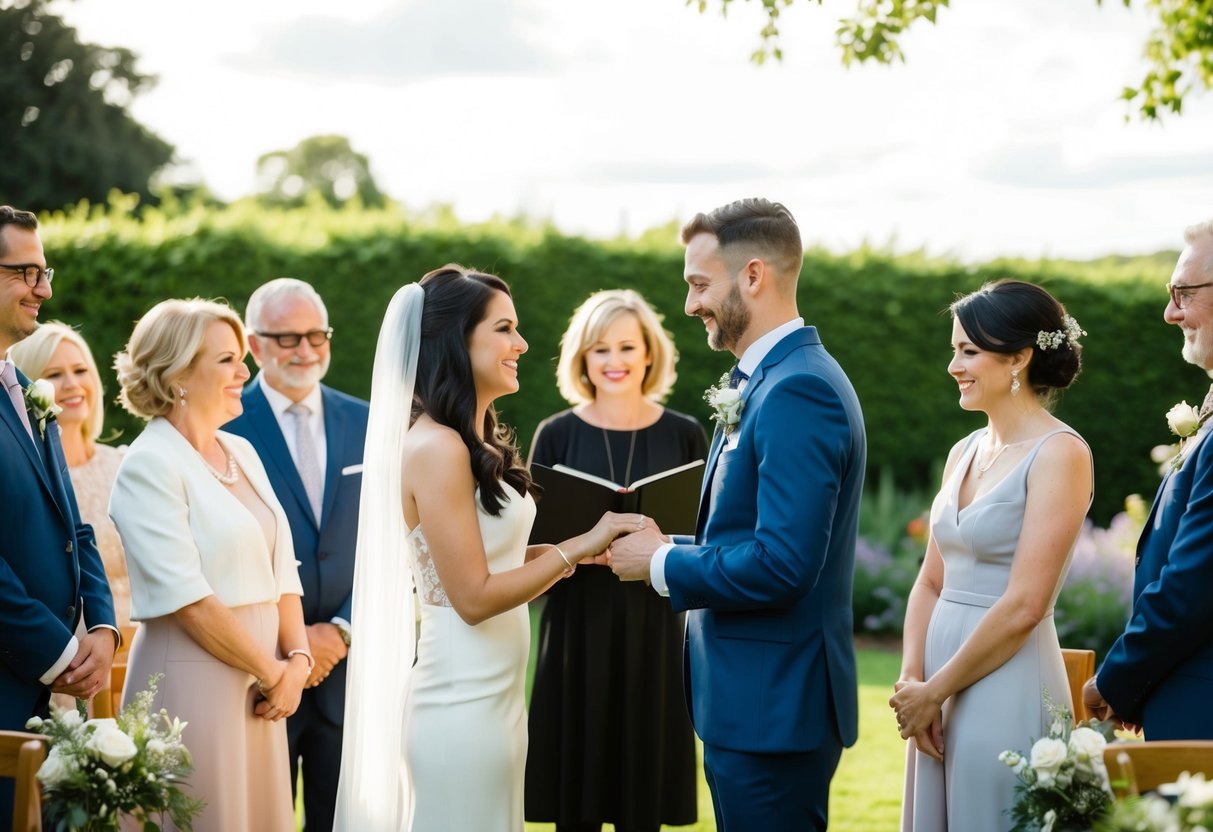 A couple exchanging vows in a garden surrounded by friends and family. A celebrant officiates the non-religious wedding ceremony
