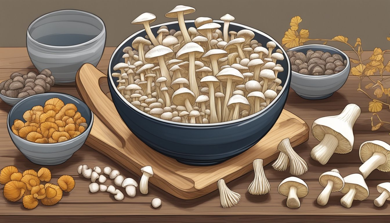 A bowl of enoki mushrooms arranged on a wooden cutting board, surrounded by other varieties of mushrooms, with a few scattered on the table