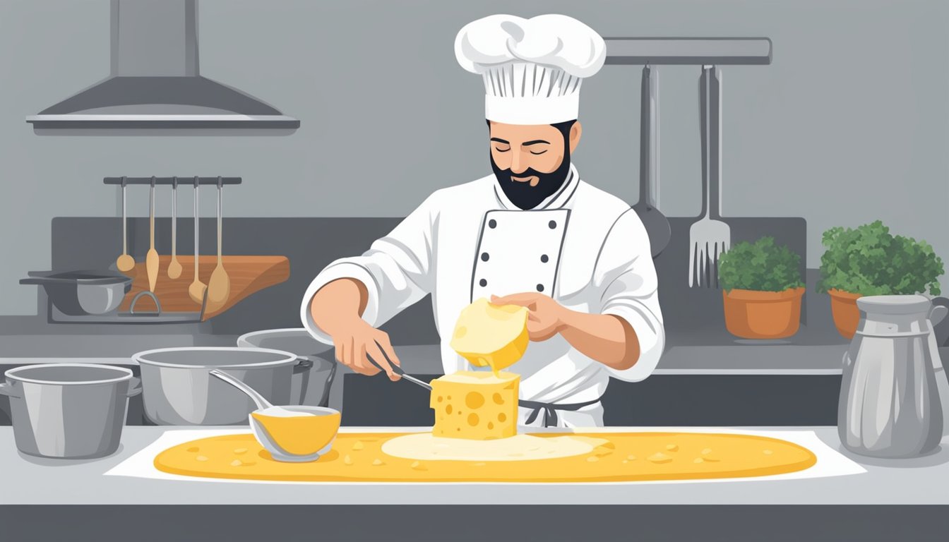 A chef adding a slice of emmental cheese substitute to a bubbling pot of creamy soup