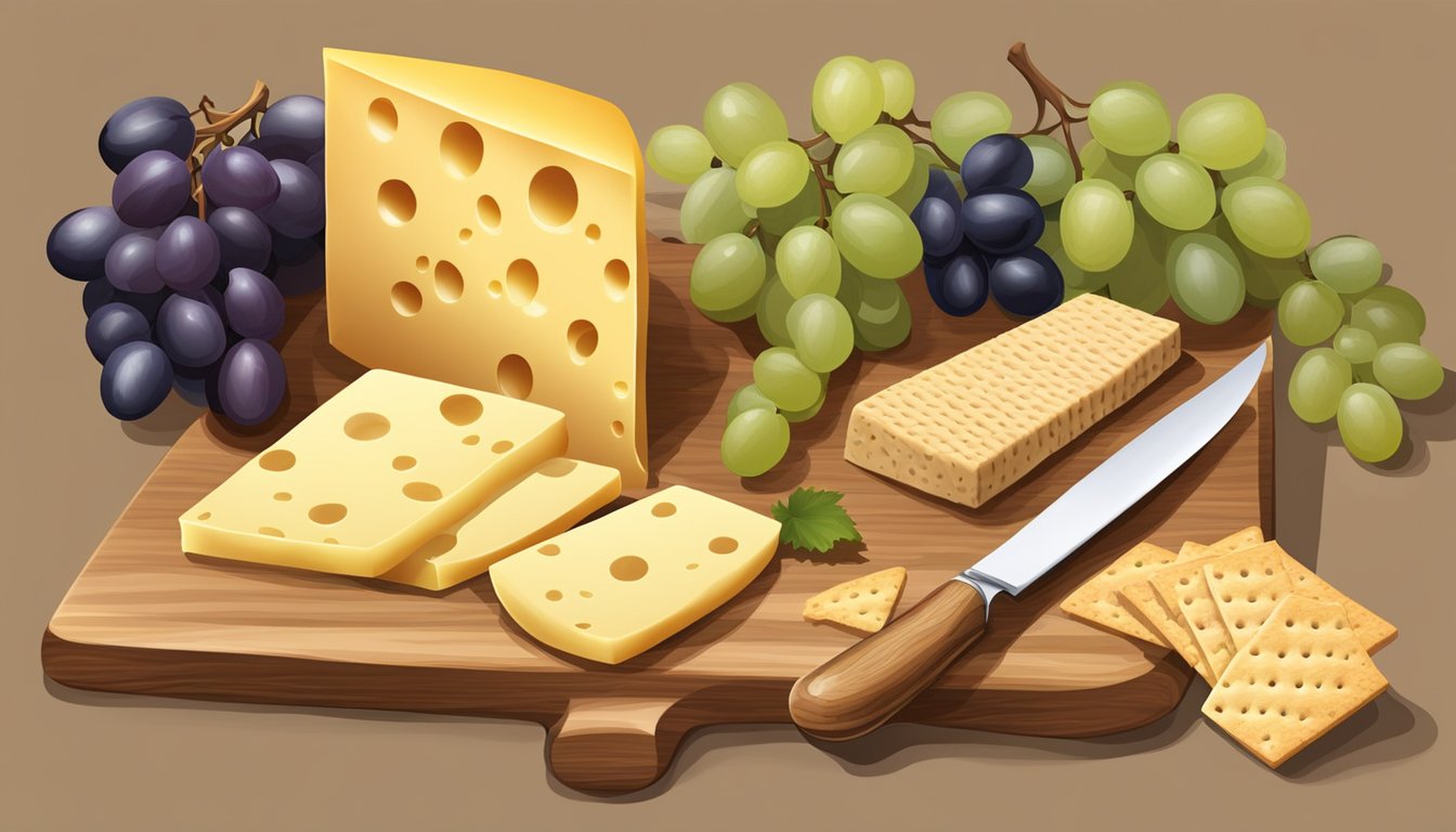 A wooden cheese board with sliced emmental cheese alternatives, accompanied by grapes, crackers, and a small knife for serving