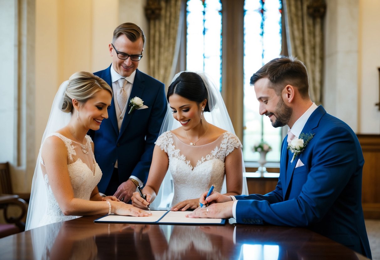 A bride and groom signing a marriage certificate at a registry office with a witness and officiant present