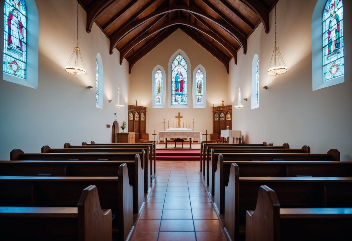 A traditional church interior with pews, altar, and stained glass windows