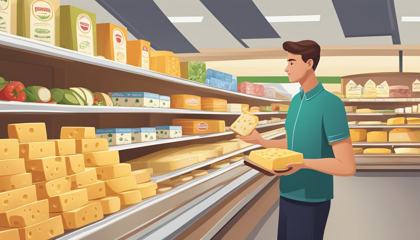 A person comparing different types of cheese substitutes, including emmental, at a grocery store