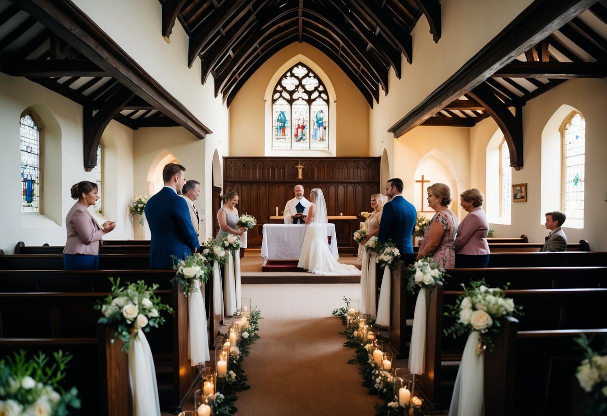 A picturesque English village church with a welcoming atmosphere and a traditional wedding ceremony taking place inside