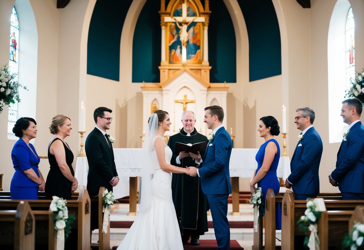 A couple stands before a church altar, surrounded by a priest and witnesses, exchanging vows