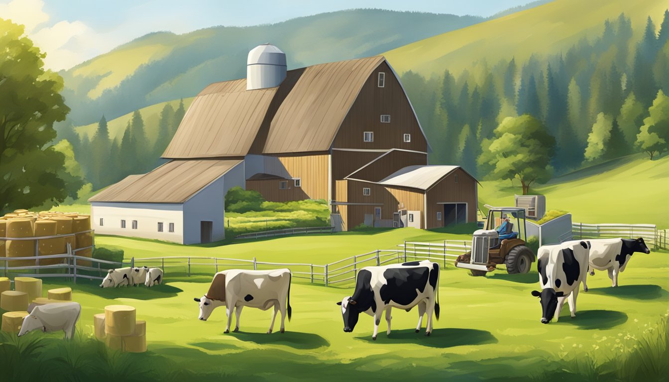 A dairy farm with cows grazing in a lush green pasture, a barn with milk processing equipment, and workers crafting large wheels of Emmental cheese