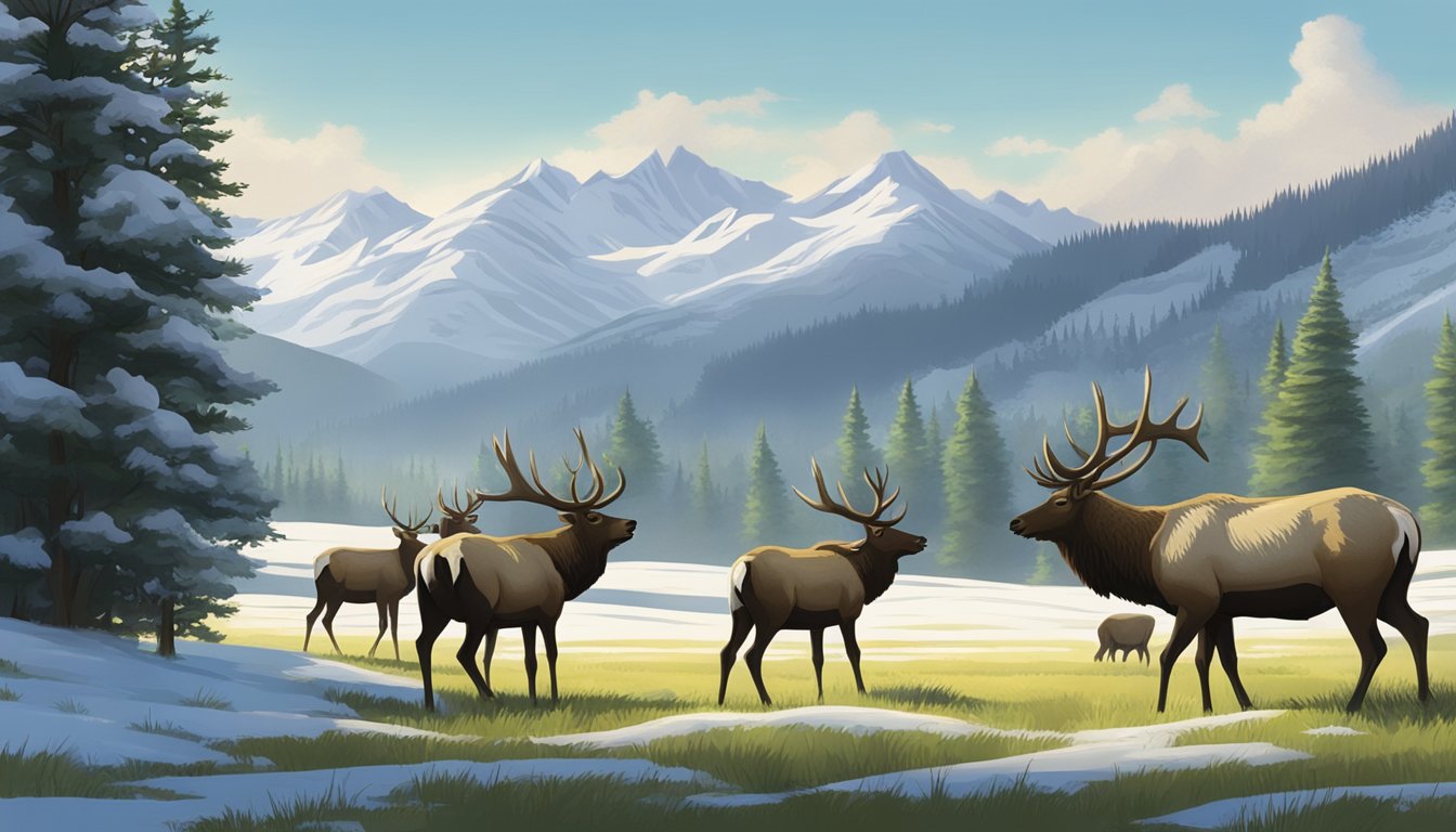 A group of elk grazing peacefully in a lush, green meadow surrounded by tall trees and snow-capped mountains in the distance