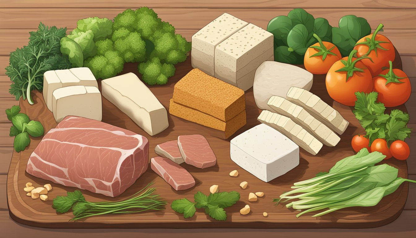 A variety of meat substitutes, such as tofu, tempeh, and seitan, displayed on a wooden cutting board with fresh herbs and vegetables