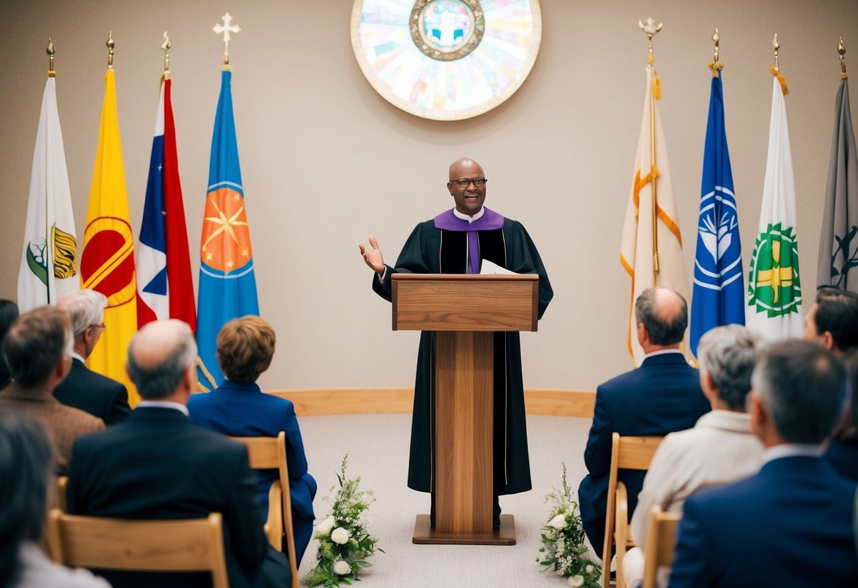 A secular officiant stands at a podium, surrounded by diverse symbols of different belief systems. They speak confidently to a small audience gathered in a peaceful, neutral setting