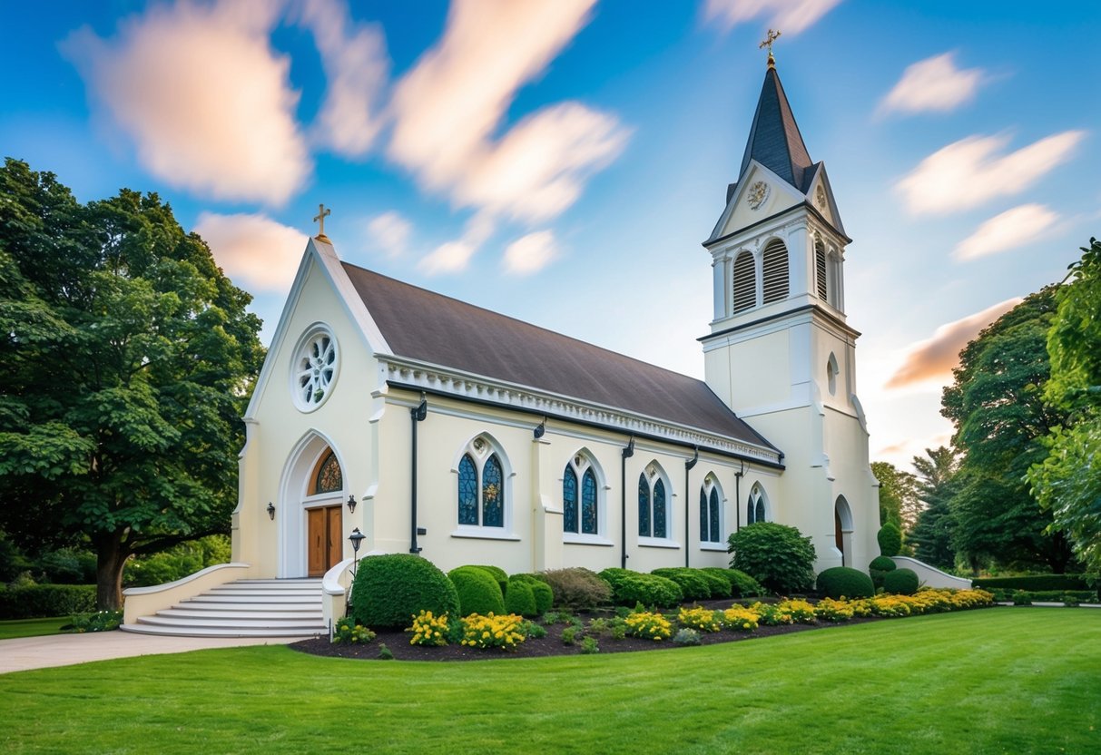 A picturesque church with a grand entrance, stained glass windows, and a lush garden for outdoor ceremonies