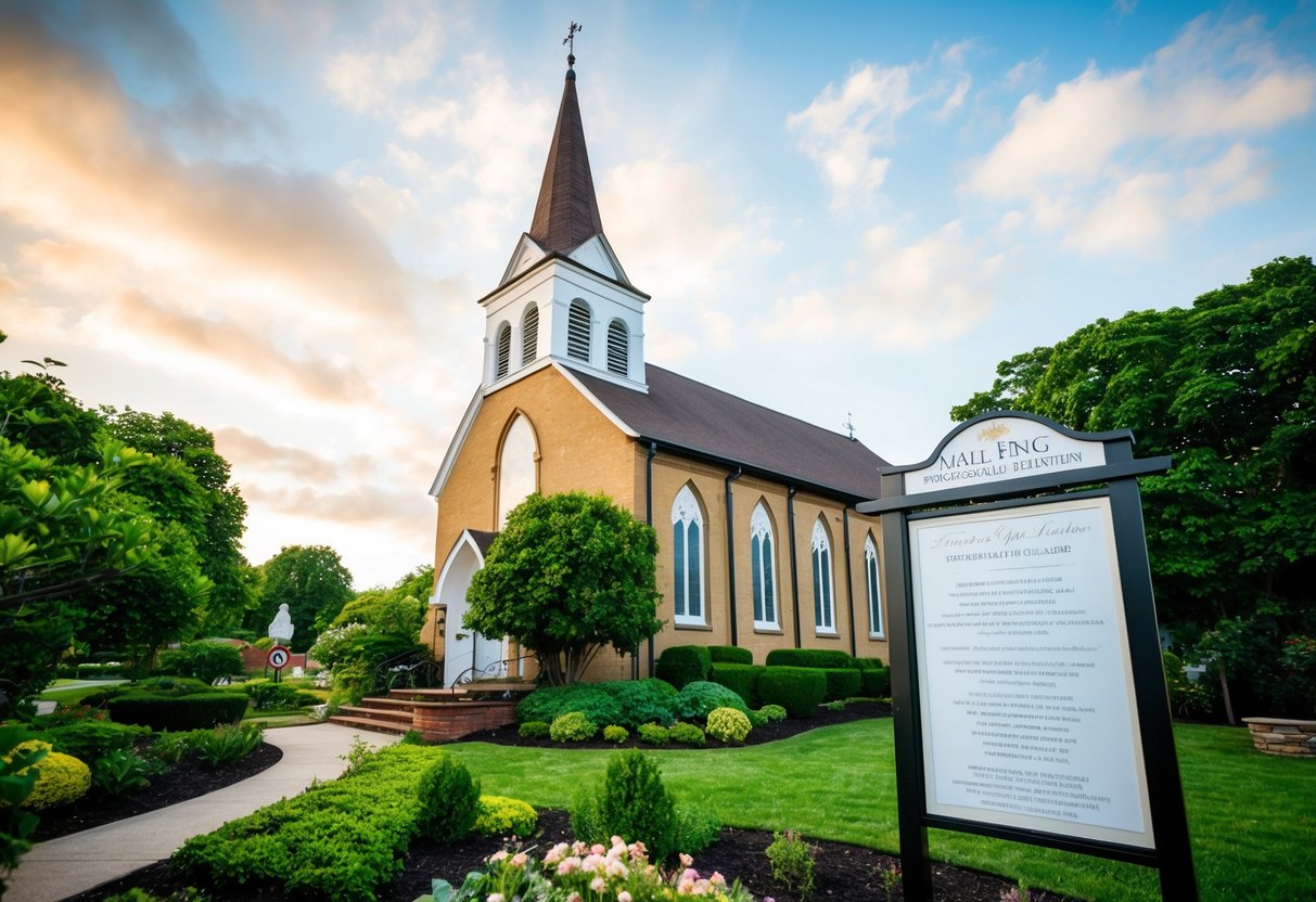 A traditional church with a steeple and arched windows, surrounded by lush greenery and a quaint garden, with a sign displaying wedding information