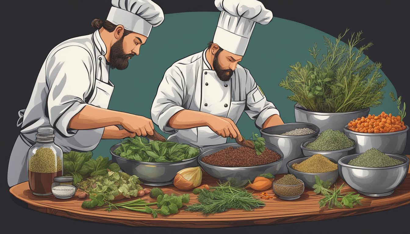 A chef carefully selects and mixes various herbs and spices to mimic the flavors and textures of elk meat