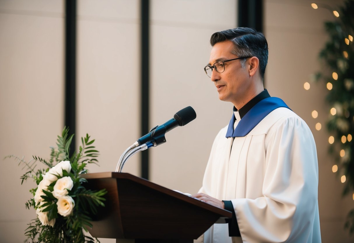 A secular officiant standing at a podium, officiating a non-religious ceremony in a neutral, non-specific setting