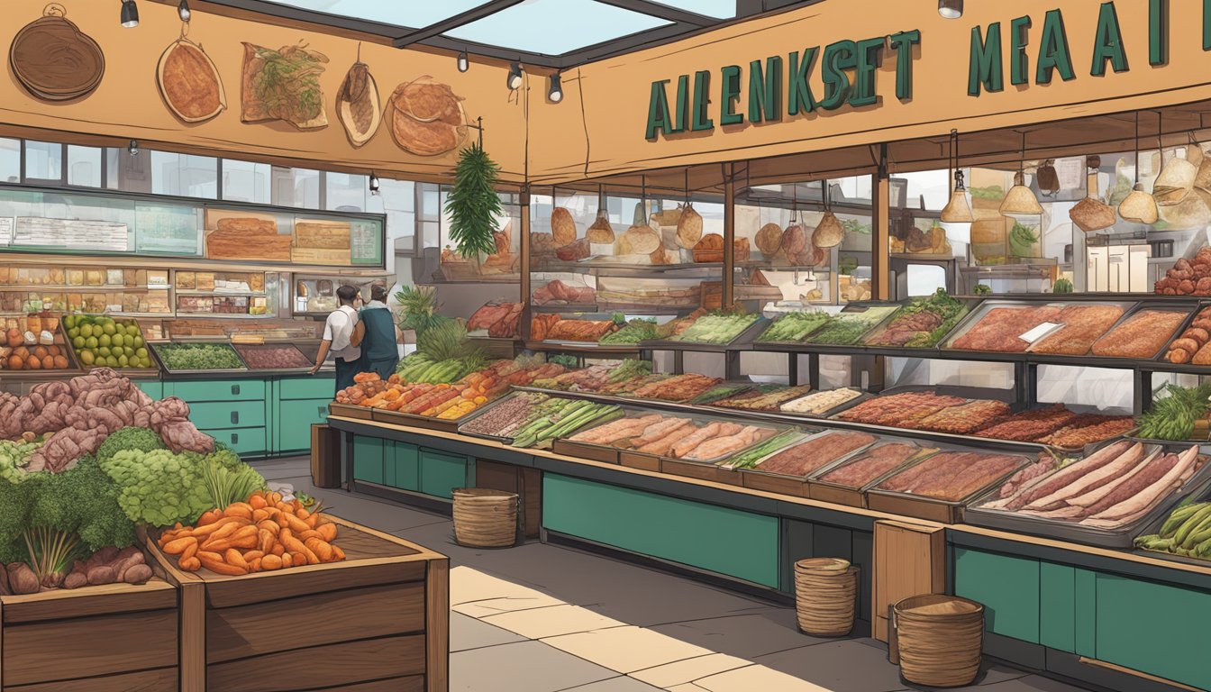 A vibrant market stall displays a variety of alternative meats beyond elk, including plant-based substitutes and exotic game options