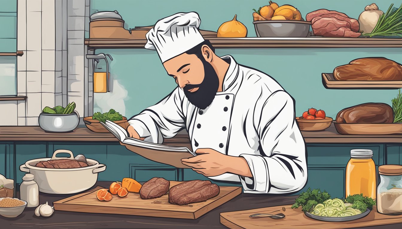 A chef selects ingredients while reading a recipe book, considering various options for substituting elk meat