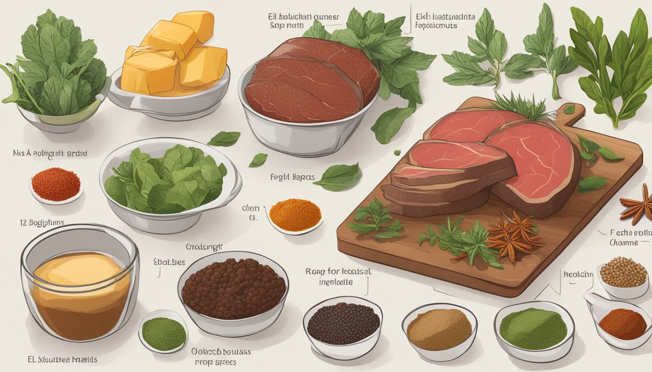 A table set with various plant-based ingredients and spices, alongside a raw elk meat cut, illustrating options for elk meat substitutes