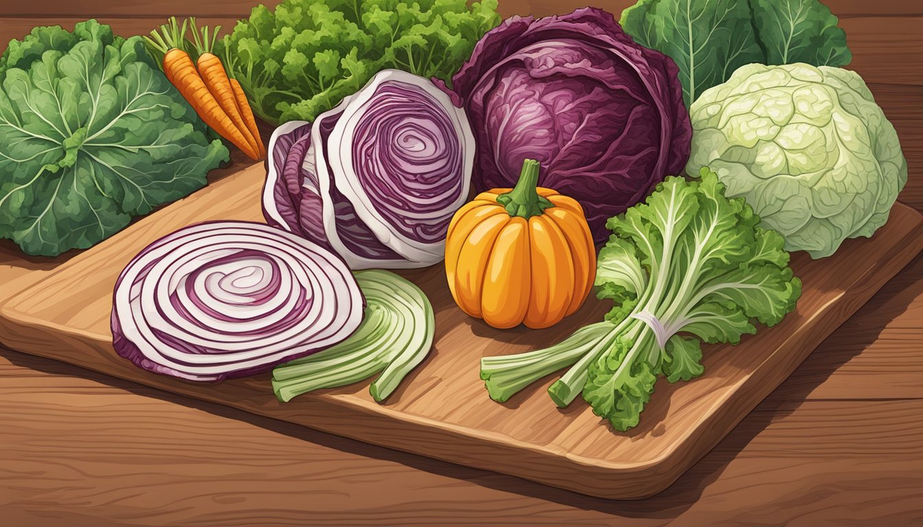 A colorful array of fresh vegetables, including radicchio, frisée, and escarole, arranged on a wooden cutting board