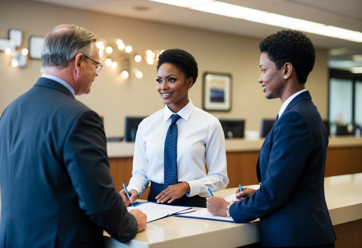 A person standing at a government office counter, filling out paperwork and speaking with an official