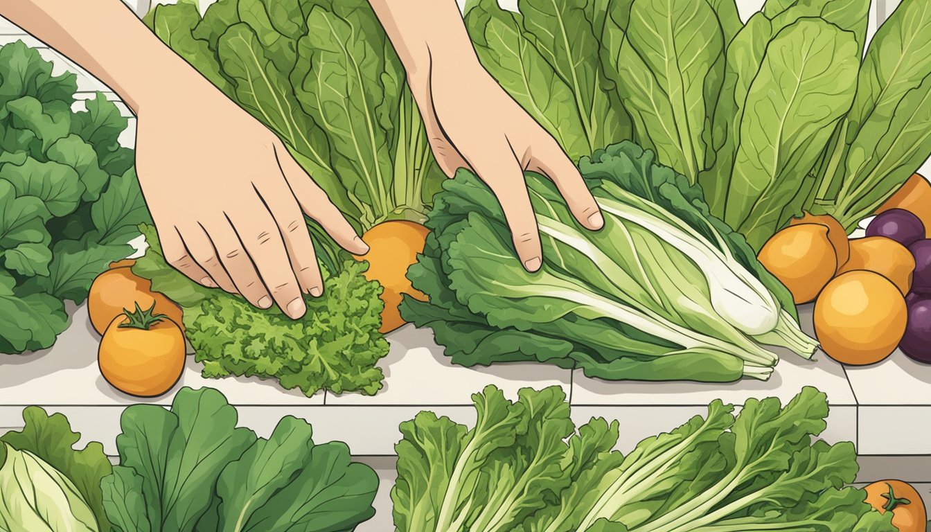 A hand reaching for various leafy greens, including endive, on a display at a grocery store