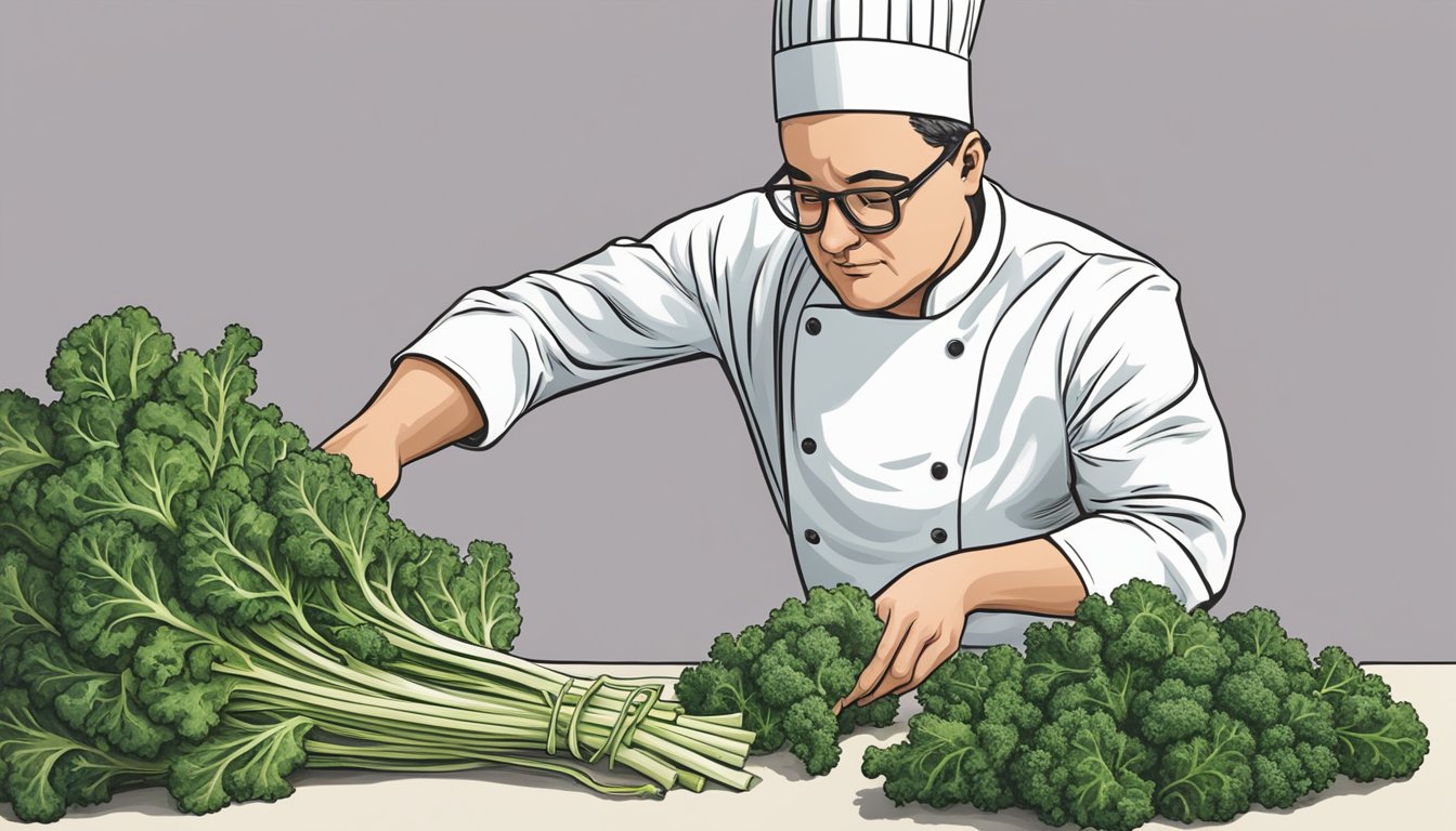 A chef reaching for a bunch of curly kale as a substitute for endive in a recipe