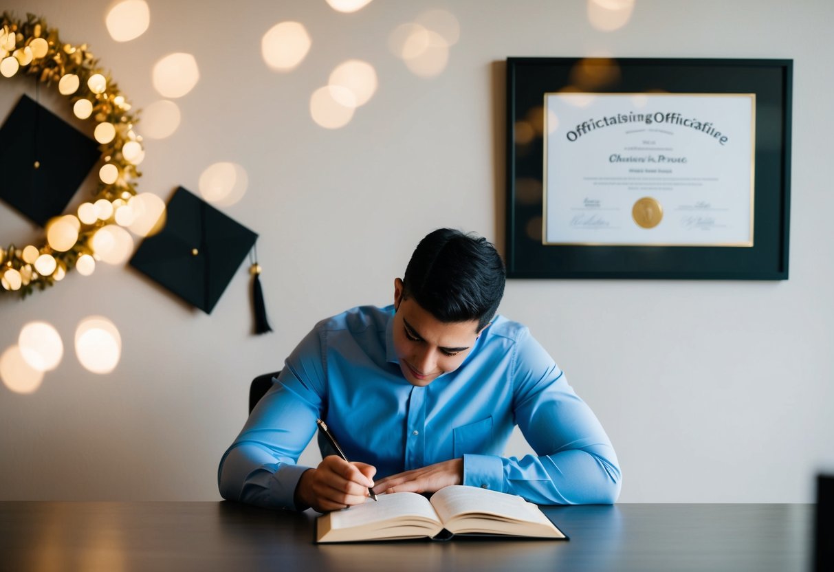 A person studying a book on officiating, with a graduation certificate on the wall
