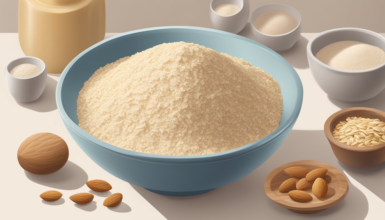 A bowl of farina sits next to various substitute ingredients like oats and almond flour on a kitchen counter