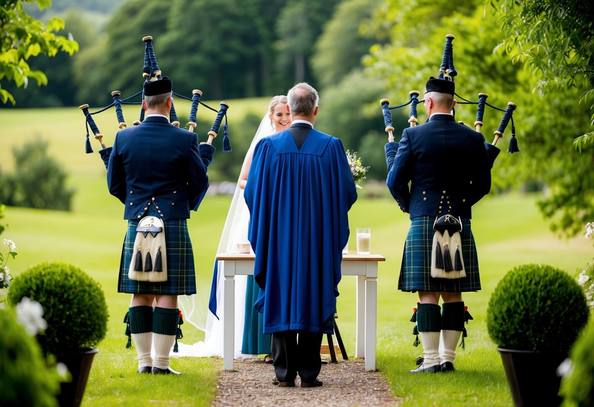 A celebrant stands before a couple in a traditional Scottish ceremony, surrounded by lush greenery and the sound of bagpipes