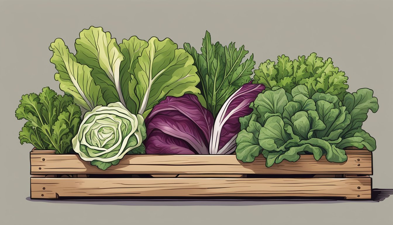 A vibrant array of leafy greens, including radicchio, arugula, and frisée, arranged in a rustic wooden crate