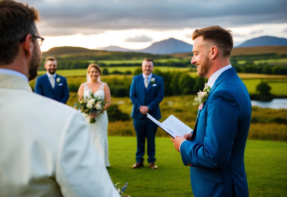 A celebrant stands before a picturesque Scottish landscape, conducting a wedding ceremony with a couple standing before them