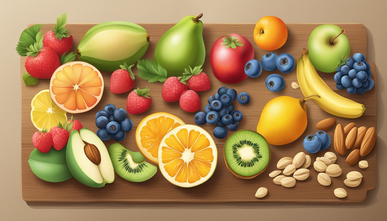 A colorful array of fresh fruits, nuts, seeds, and whole grains arranged on a wooden cutting board